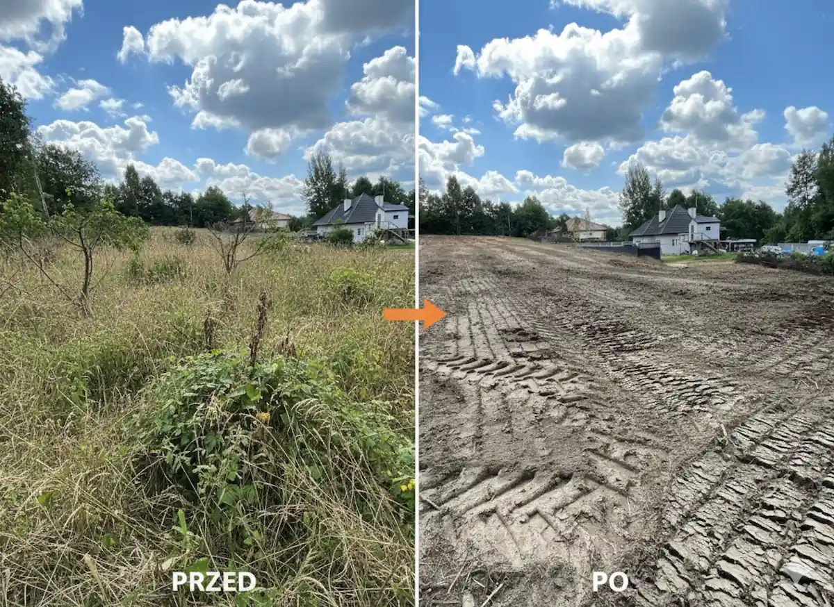 Teren przed i po uporządkowaniu przez Mulching.pl